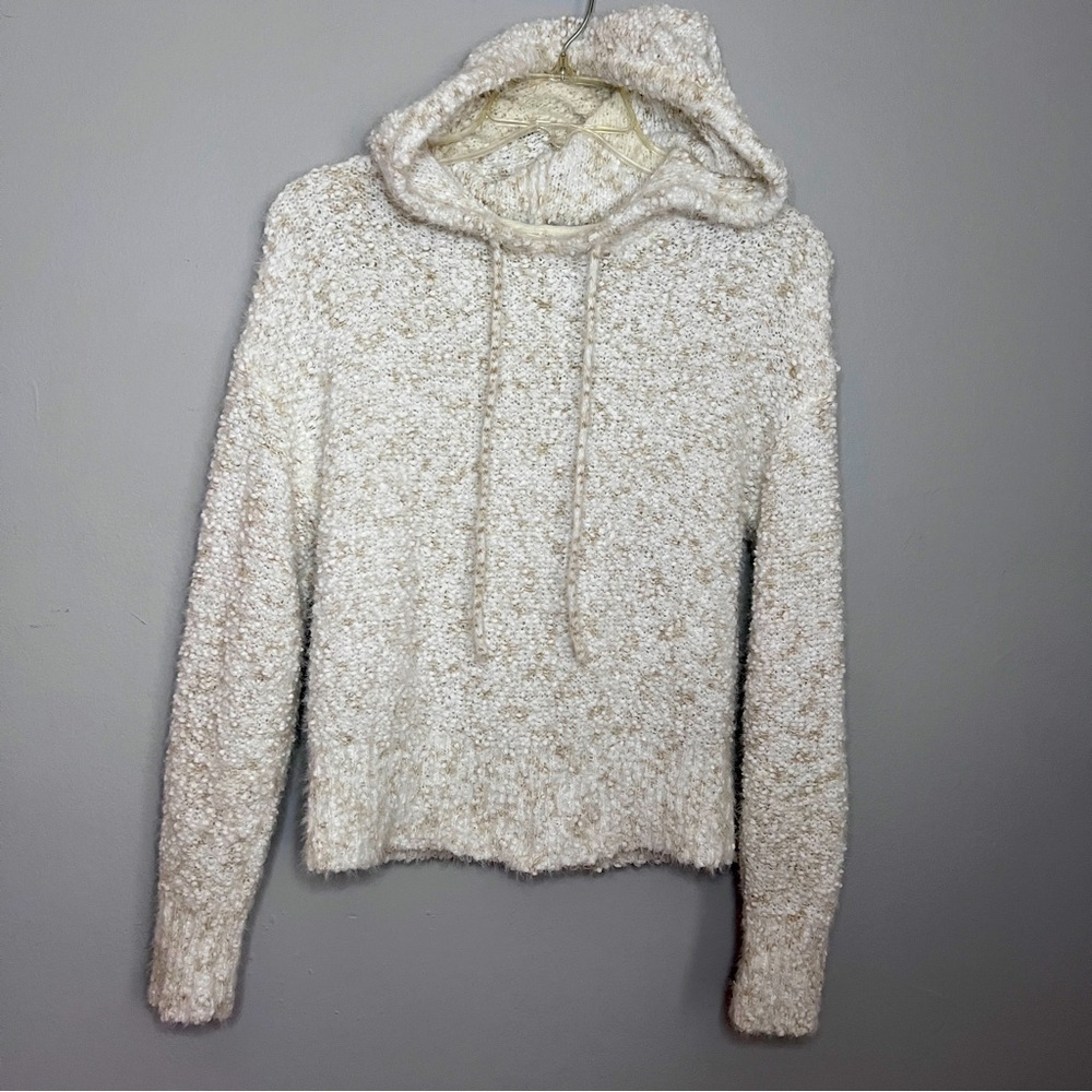 Ultra Flirt White & Tan Fuzzy Soft Textured Hooded Sweater Size XS EUC